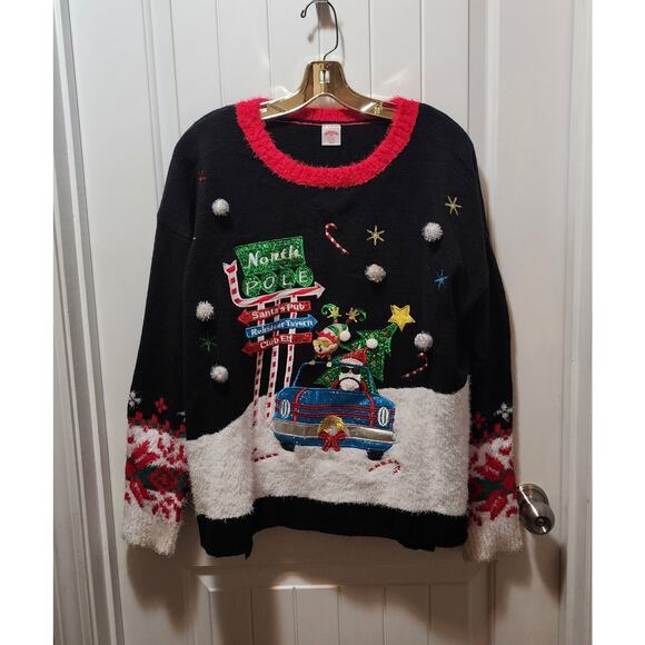 Holiday Time Womens XL Black Ugly Christmas Sweater Santa's Pub Elf Club Festive - Picture 2 of 11